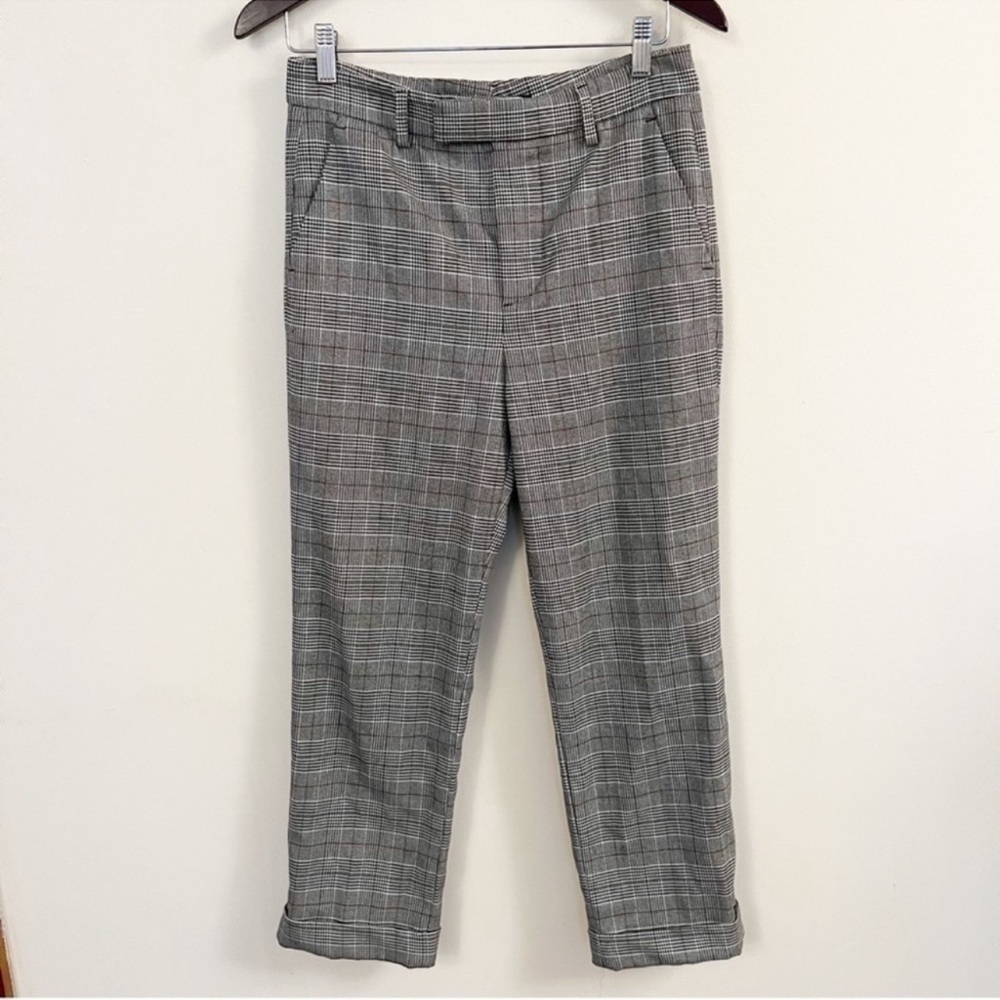 Zara Woman Plaid Dress Pants Cuffed Hem Size 4 Gray Faux Pockets Cropped Fit